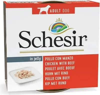 Obrázok produktu pre Konzerva SCHESIR Dog kuracie + hovädzie mäso v želé 150 g