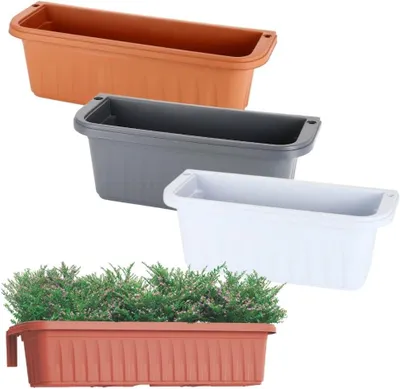Produktbild von Balkon-Blumenkasten mit Halterung, Wasserspeicher und Geländerbefestigung ohne Bohren, Weiß, 50 cm