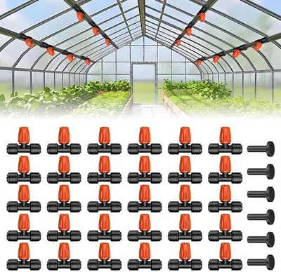 Image de 30 raccords en T pour tuyau de 0,64 cm - Micro-buses avec jet d'eau orientable à 360° - Buses à arrêt automatique - Système d'arrosage de jardin