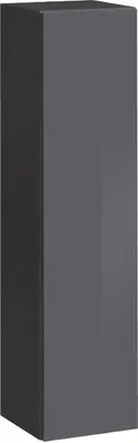 A tall, narrow, dark gray cabinet or display case.