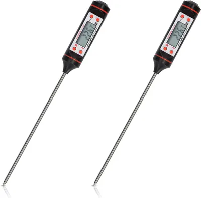 Two digital thermometers on a white background.