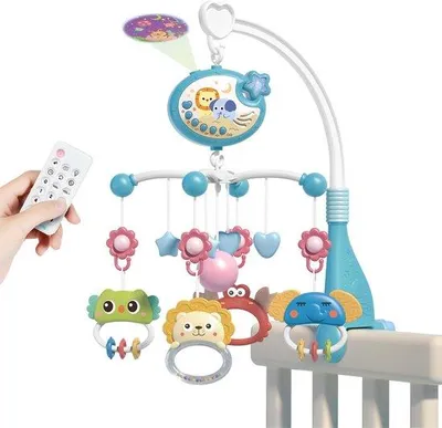 Produktbild von Baby Bettmobil mit Musik & Sternenprojektion – Fernbedienung – Mobile für Babybett – 317 Melodien – 360° drehbar – Timer – Blau
