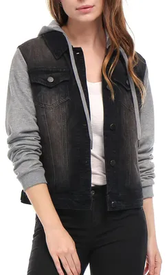 Productafbeelding van Allegra K dames jeansjas met capuchon, lange mouwen, knoopsluiting en hoodie-detail, denim jas