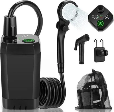 Produktbild von Tragbare Campingdusche mit 6000 mAh Akku, LED-Display, Handbrause und Pumpe, IPX7 wasserdicht, geeignet für Garten, Strand, Auto und Haustiere