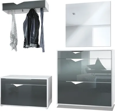 Produktbild von Vladon Garderobe Kolmio 190 x 185 x 33 cm Flurgarderoben Set, Germany, Korpus in Weiß matt, Fronten in Grau Hochglanz | Große Farbauswahl