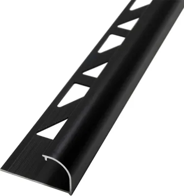 A black aluminum tile edging profile with cutouts.
