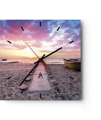 Produktbild von Wanduhr - Quadrat - Glasuhr - Boot Strand Himmel - 30x30cm - Schleichendes Uhrwerk - Lautlos - zum Aufhängen bereit - Dekoration Modern - Wanddekoration aus Glas - C3AC30x30-5064