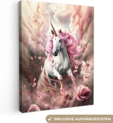 Produktbild von MuchoWow® - Leinwandbilder - Einhorn - Mädchen - Rosa - Blumen - Märchen, Wandbild, Wanddeko Bilder Wohnzimmer, 60x80 cm
