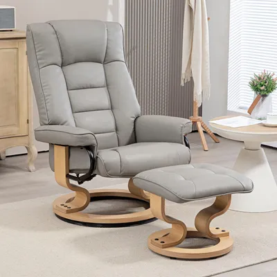 Produktbild von Sweiko Relaxsessel mit Hocker, drehbar & neigbar, Kunstlederbezug, bis 150 kg, Holzgestell, Grau