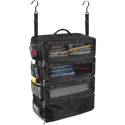 Produktbild von Hängender Kleiderschrank Organizer faltbar - 4 Fächer Aufbewahrungstasche mit großer Kapazität - Für Geschäftsreisen & Camping - Schwarz