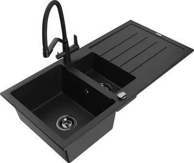 Produktbild von Mexen Andres Granitspüle 1,5-Bowl mit Abtropffläche und Küchenarmatur Duo, schwarz - 6515-77-671701-70-B