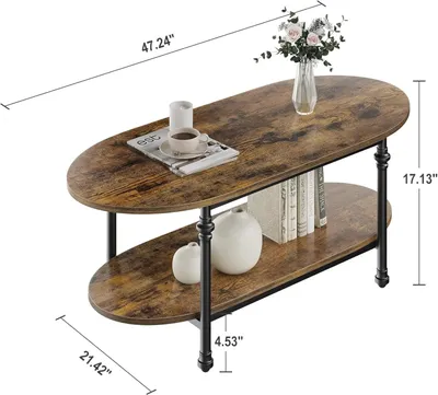 Immagine prodotto di Tavolino ovale per soggiorno, con 2 ripiani, altezza ridotta di 120 cm, stile retrò mid-century, struttura in legno, colore marrone