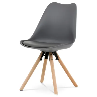 A modern dining chair with a gray plastic shell and natural beech wood legs, presented on a white background.