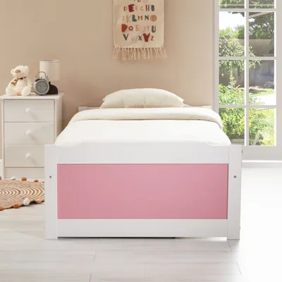 Produktbild von Bett MIA aus massiver Kiefer in weiß/rosa, schönes Funktionsbett mit 3 Schubladen, praktisches Jugendbett mit Liegefläche 90 x 200 cm