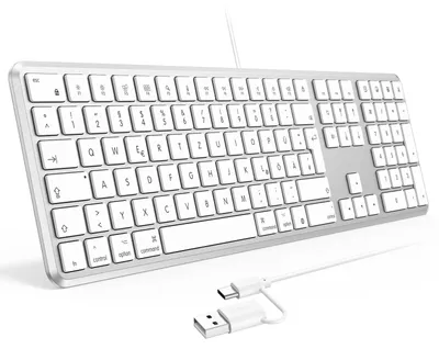 Obrázek produktu pro Kabelová klávesnice pro Mac s USB-C konektorem + adaptér. Kompatibilní s Mac Pro, iMac, Mac mini, MacBook Pro a MacBook Air. Tichá, plochá klávesnice s rozložením QWERTZ. Stříbrná barva