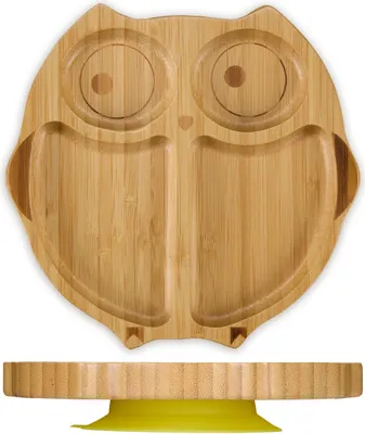 Image de Assiette pour bébé Relaxdays avec ventouse, en bambou, motif chouette, antidérapante, sans BPA, pour la diversification alimentaire, assiette compartimentée pour enfant, couleur naturelle