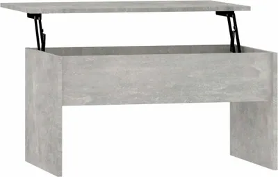 A lift-top coffee table with a concrete-like finish, shown with its top partially raised.