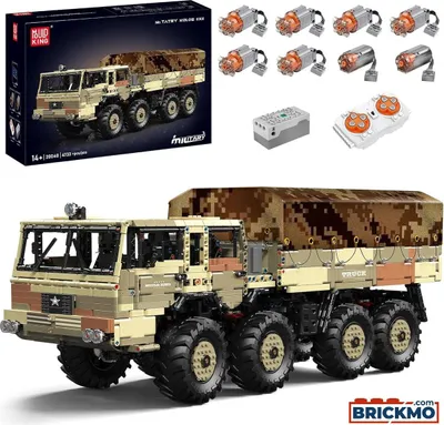 A detailed model of a military truck, along with its components and packaging, displayed on a white background.