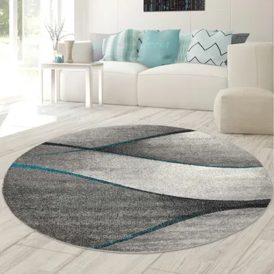Produktbild von Moderner Wohnzimmer Teppich Wellen Design in blau grau anthrazit  - pflegeleicht Größe - 200 cm Rund