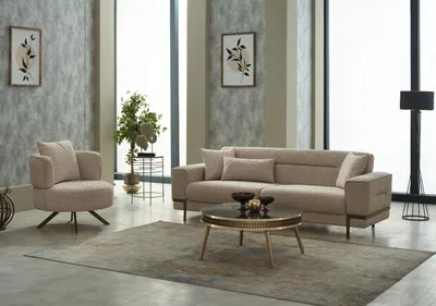Produktbild von Sofagarnitur Dreisitzer Sofa Stoffsofa Polstersofa Beige Sessel 2tlg
