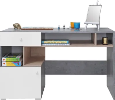 Produktbild von Furniture24 Schreibtisch Sigma SI - 10 Schülerschreibtisch mit 1 Schublade und 1 Tür, Jugendzimmer Beton/Weiß Lux/Eiche