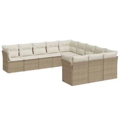 Produktbild von Modulare Garten-Sofagarnitur, 11-teilig, aus Poly Rattan und pulverbeschichtetem Stahl, Beige, mit Stauraum, UV-beständig, Kissen Cremeweiß