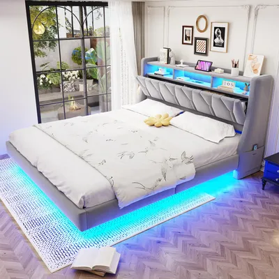 Obrázok produktu pre Postel s čalúneným rámom, 180x200 cm, s LED osvetlením, s USB portom, s úložným priestorom, s odkladacími plochami, svetlosivá