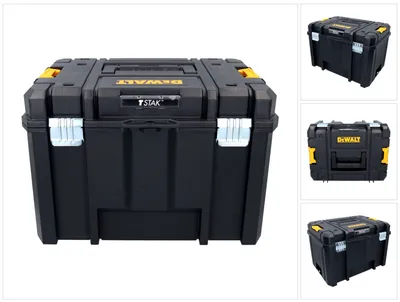 A black DeWalt TSTAK VI tool case is shown from the front, with smaller images of the case from different angles on the right side.
