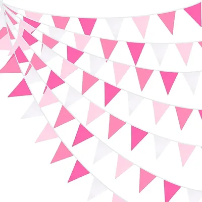 Image de Guirlande de fanions en coton, 10 mètres, rose, avec 36 fanions, idéale pour les fêtes et la décoration