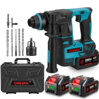 A cordless rotary hammer drill set with accessories and batteries, displayed on a white background.