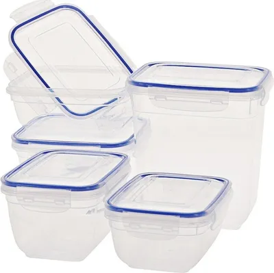 A set of clear plastic food storage containers with blue lids.