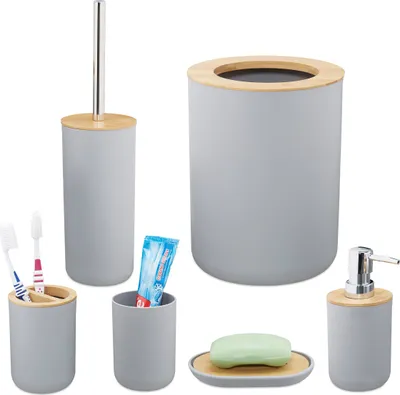Produktbild von Relaxdays zestaw akcesoriów łazienkowych 6 sztuk łazienka plastikowa bambusowa kompletna dekoracja łazienkiست