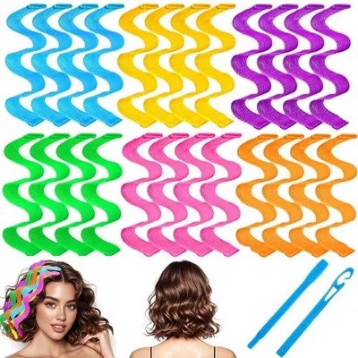Produktbild von Unyqoos® Hitzefreie Lockenwickler für langes Haar – 24 Stück, 6 Farben, 2 Styling‑Haken, schonendes Lockenstyling ohne Hitze, für alle Haartypen