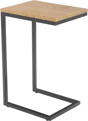 A C-shaped side table with a wooden top and a dark metal frame, isolated on a white background.