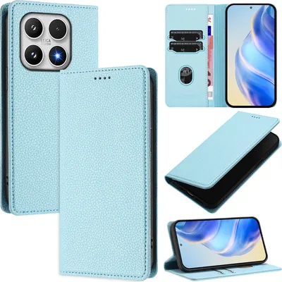 Produktbild von Litchi Leder Handyhülle für Xiaomi 17 Wallet Kartenfächer Standfunktion Hülle Hellblau