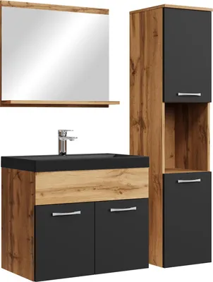 Produktbild von Badplaats Badmöbel Komplettset Montreal 60 x 35 cm Eiche mit Schwarz Matt - Badezimmermöbel mit Schwarze Waschbecken, Spiegel und Badezimmerschrank