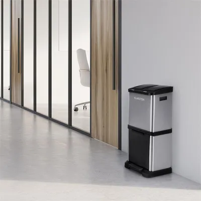 Obrázok produktu pre Klarstein Ökosystem², odpadkový kôš, separátor odpadu, pedálový kôš, recyklačný kôš, 30 l, 3 nádoby, otváranie tlačidlom a nožným pedálom, vežový dizajn, PE, nehrdzavejúca oceľ, strieborno-čierna farba