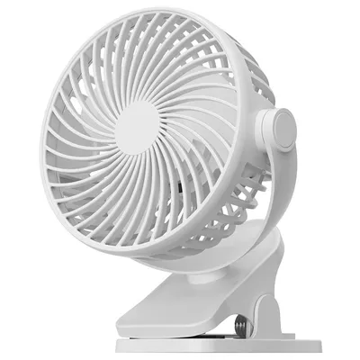 A white portable fan with a clip base is shown from a side angle against a white background.