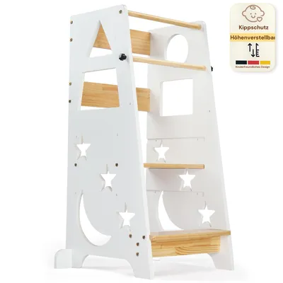 Produktbild von FCH Lernturm Für Kinder, Montessori Lernturm,Kinderhocker, einteilig, 40×45×90cm, Fichtenholz + MDF, Mond-Stern-Muster, Weiß