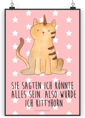 Produktbild von Mr. & Mrs. Panda Bild Einhorn Katze DIN A3 - Rot Pastell - Geschenk, drucke, Regenbogen, Unicorn, Kunstdruck, Wandbild, Glitzer, Mieze, Plakat, wanddeko