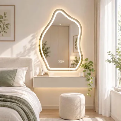 Immagine prodotto di Specchio da bagno LED asimmetrico con illuminazione, specchio da parete antiappannamento, dimmerabile, con 3 tonalità di luce e interruttore touch. Specchio illuminato per il bagno, 70x90 cm