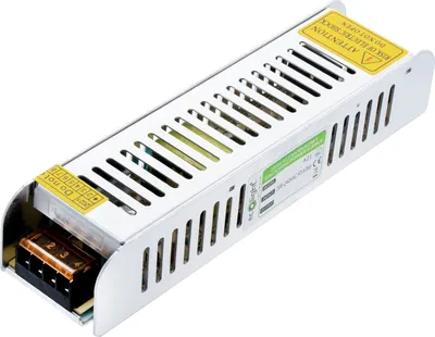 A silver LED power supply unit with ventilation slots, placed on a white background.