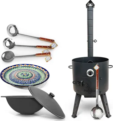 Produktbild von Gusseisen Kazan 16 L Deckel Utschak Feuerofen 44cm Schaumlöffel Lagan