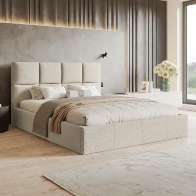 Produktbild von MOTIVENA Star Polsterbett 180x200 mit Bettkasten, Holz Latttenrost, Bett 180x200 Beige Strukturstoff (Puente 03)