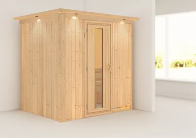 Produktbild von Karibu Sauna Innensauna Bodin Fronteinstieg ohne Zubehör 210x165x202 cm mit Dachkranz mit Energiespartür