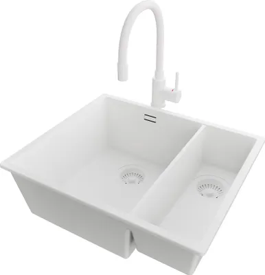 Produktbild von PRIMAGRAN Unterbauspüle Granit Alles Weiß 56x47cm, Spülbecken 1,5 Becken + Küchenarmatur 38x14cm + Ablauf-Set, Granitspüle ab 60er Unterschrank - London Duo