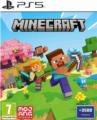 The image is the cover art for the video game Minecraft for PlayStation 5.