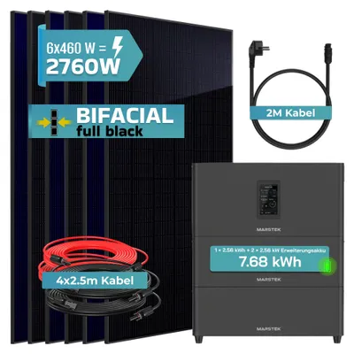 Produktbild von SUNNIVA® 2760W Balkonkraftwerk mit 7,68 kWh Speicher MARSTEK Jupiter C + Plus, 6x460W BIFAZIAL FULLBLACK komplett Steckdose, Solaranlage Solarspeicher
