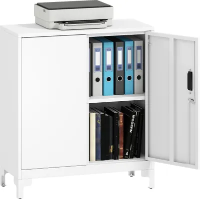 Image de Armoire métallique de classement - armoire de bureau - deux portes - serrure - étagère - montage simple - 80x35x91 cm - blanc