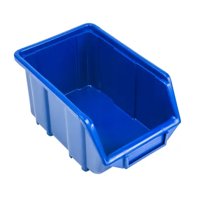A blue plastic storage bin is shown against a white background.